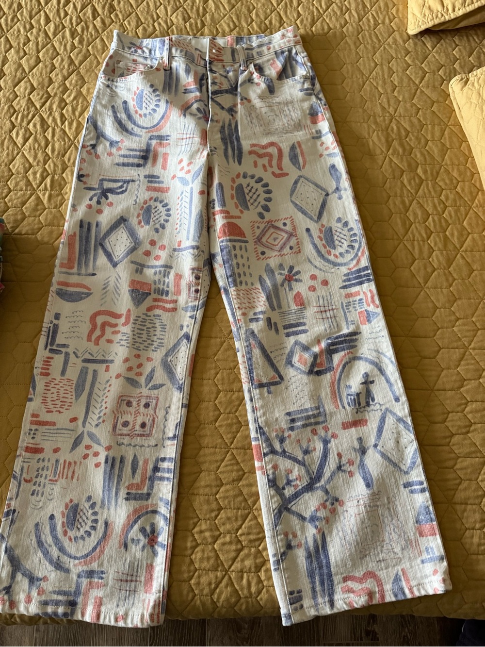 MOTHER Straight Leg Jeans in White with Blue and Pink Abstract Print